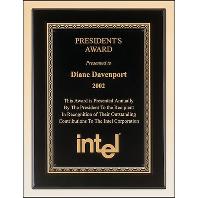 Black stained piano finish plaque with gold braided border 9" x 12" Award