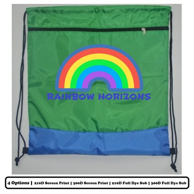 Multi-Panel Polyester Drawstring Bag w/ Horizontal-Zip Pocket w/ Custom Logo