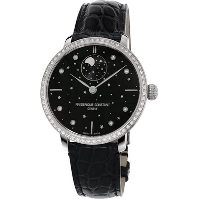 Frederique Constant® Ladies' Manufacture Genuine Alligator Strap Watch w/Black Dial