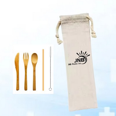 5-Piece Bamboo Utensils Set with Knitted Pouch