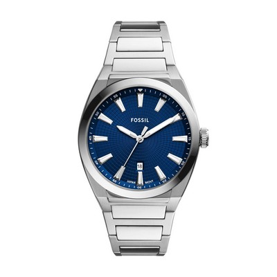 Fossil Men's Everett Silver-Tone Stainless Steel Watch Blue Dial