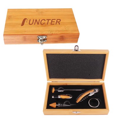 5 Pcs Bamboo Wine Opener Accessory Set w/ Bamboo Box