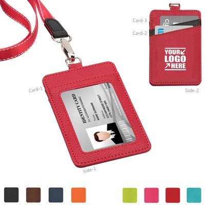 Lanyard Dual Colored 3 Pockets PU Leather Card Holder