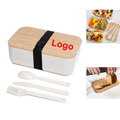 Eco-Friendly Wheat Straw Bento Lunch Box w/Tableware Set & Bamboo Lid MOQ100PCS