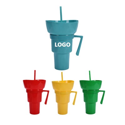 2-in-1 32oz Plastic Portable Snack Tumbler Cup w/Bowl on Top & Straw MOQ50PCS