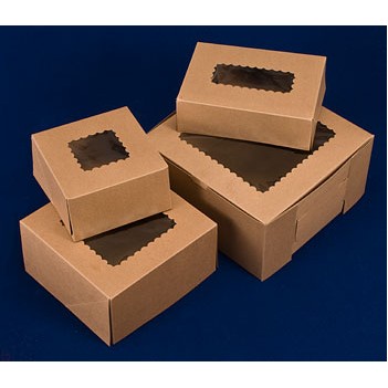 Windowed Kraft Cake Bakery Box w/Glued 6 Corner Beers (8"x5 3/4"x2 1/2")