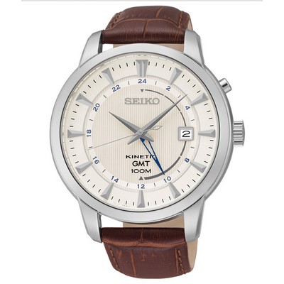 Seiko Men's Leather Strap Kinetic GMT Watch