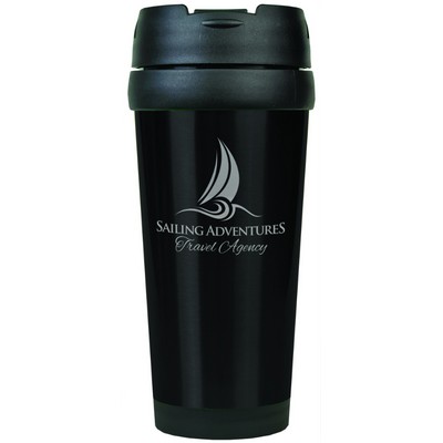 Travel Mug, Stainless Steel - Black Gloss/Engraves Silver - 16 oz.