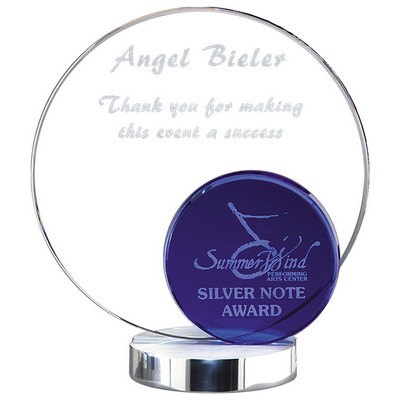 Blue Circle within Clear Circle Glass Award with silver metal base - 8 3/4'' H