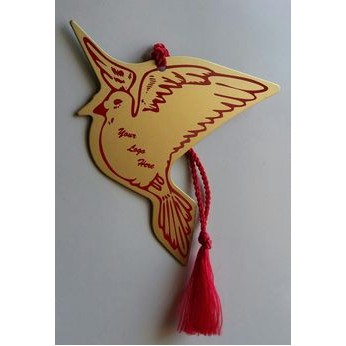 Aluminum Dove shaped Ornament w/ a screen printed imprint and assembled tassel/string