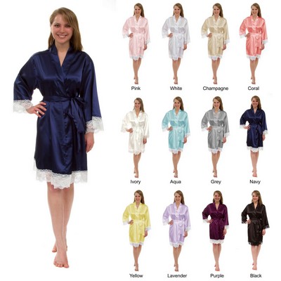 Lace Trim Stretch Silky Satin Knee-Length Kimono Robe