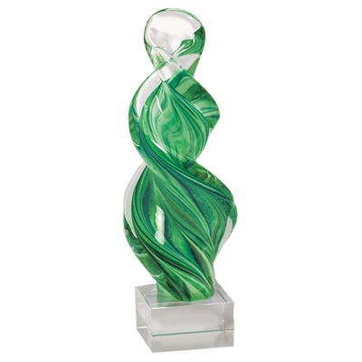 12 ¼" Art Sculpture Green Swirl Tower Blown Glass Award