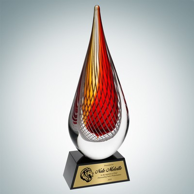 Art Glass Red Orange Narrow Teardrop Award w/ Black Base and Gold Plate