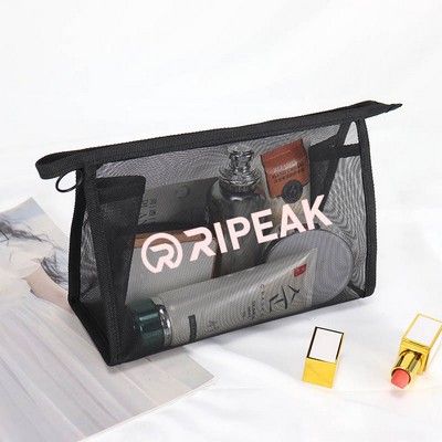 Non-waterproof Polyester Mesh Zipper Makeup Bag Handle Bag Transparent Pouch(Large)