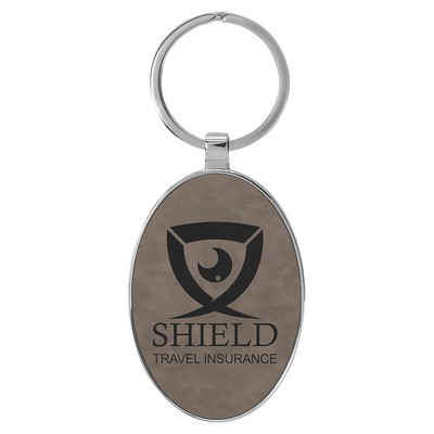 3" x 1 3/4" Leatherette/Metal Gray Oval Keychain