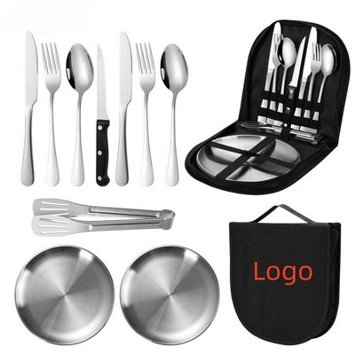 Silver Ten-Piece Outdoor Stainless Steel Tableware Set Camping Utensils