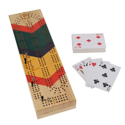 Wooden Cribbage Board Game Set, Continuous 3 Track, Nautical Print - Chevron