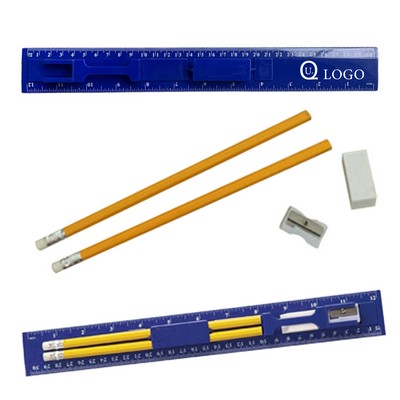 12.20 Inch Ruler Stationery Set W/Pencil, Eraser, Sharpener