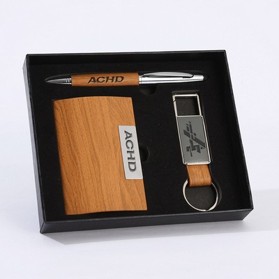 3Pcs Wood Grain Keyring, Business Card Holder & Ballpoint Pen Business Gift Box Set