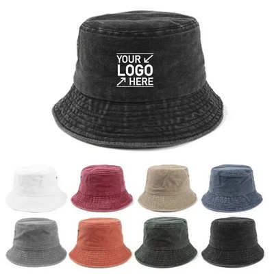 Wide Brim Vintage Washed Denim Cotton Bucket Hat