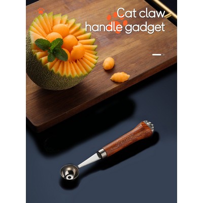 Small Round Fruit Scoop Melon Scoop Ice Cream Scoop Fruit Gadget W/ Cat Claw Shaped Wood Handle