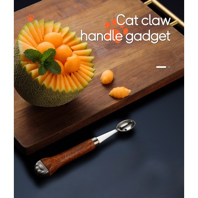 Oval Fruit Scoop Melon Scoop Ice Cream Scoop Fruit Gadget W/ Cat Claw Shaped Wood Handle