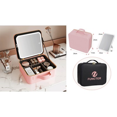 Multifunctional PU Leather Cosmetic Bag with Removable LED Mirror - Travel Makeup Bag Handle Case