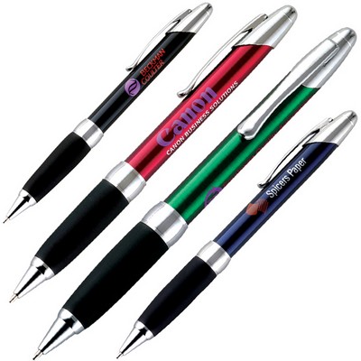 Metallic Twist Action Ballpoint Pen w/ Rubber Grip & Chrome Accents