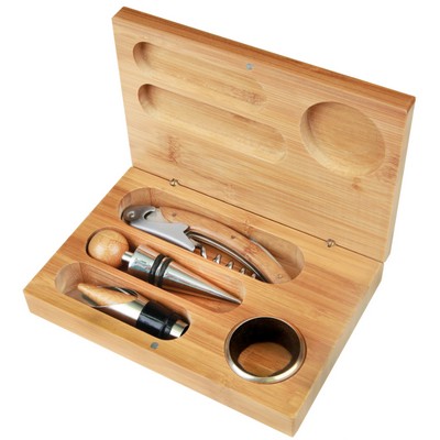 Bamboo Four-Piece Wine Tool Set - Laser Engraved Plate