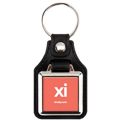 Square Metal Printed Silver Tone Key Tags with Leather Back