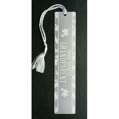 Aluminum 1" x 4 7/8" Bookmark w/ a Laser engraved imprint and assembled tassel. Made in USA