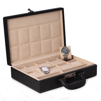 Black ten watch storage box briefcase with handle and combination lock