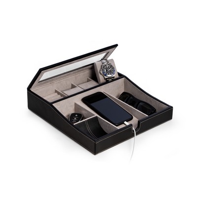 Black Leather Valet Tray w/Multi-Compartment Storage