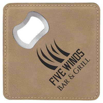 Coaster Bottle Opener, Light Brown Faux Leather