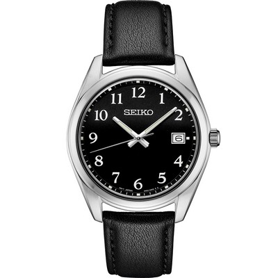 Seiko Men's Essential Stainless Steel Watch w/Black Dial & Black Leather Strap