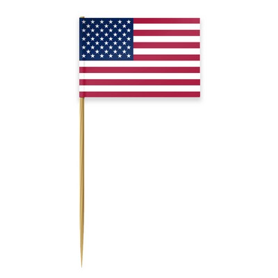 1" x 1.5" USA flags printed on 2-ply paper and attached to a 4" toothpick.