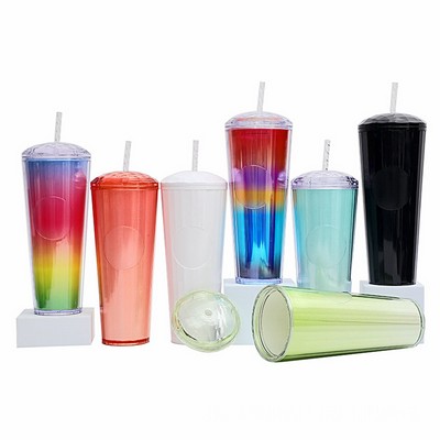 24 Oz. Double Wall Plastic Tumbler With Lid Straw