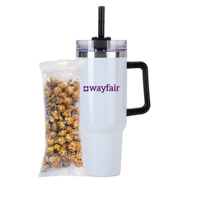 Promo Revolution - 40 oz. Tapered Tumbler w/ Handle & Straw w/ White & Dark Swirled Popcorn