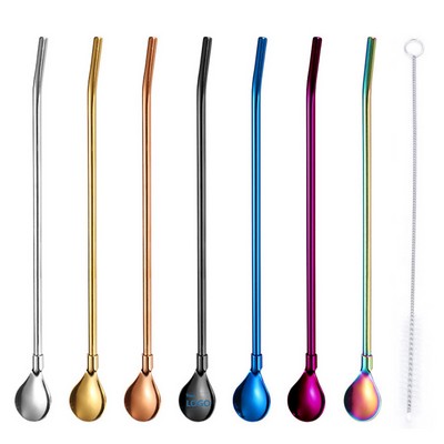 Reusable Stainless Steel Straw and Spoon Combo with Cleaning Brush