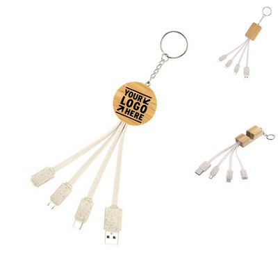 Biodegradable 3-in-1 Bamboo Charging Cable w/ Keychain