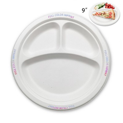 9" Round 3-Compartment 100% Biodegradable Sugarcane Disposable Paper Plate