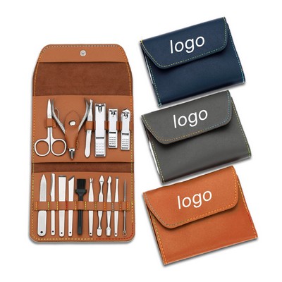 16 Pieces Portable Leather Manicure Kit