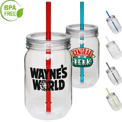 24 oz. Single Wall Mason Jars With screw-on lid and straw