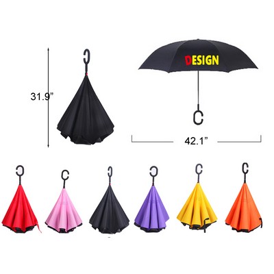 Inverted Upside Down Umbrella With C-Shaped Handle Windproof Waterproof Stick Golf Umbrella