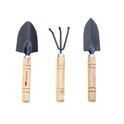 3 Piece Gardening Tool Set Shovel Rake Spade Wooden Handle