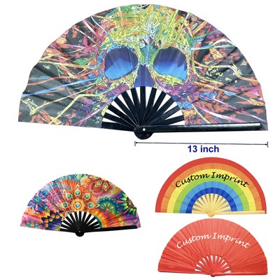 Double Sided Imprint 13" Bamboo Ribs Fabric Folding Kung Fu Clack Fan