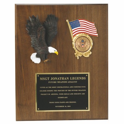 Eagle Flag Plaque Walnut Finish Takes 2" Medallion (12"x 15")