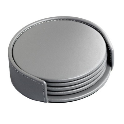 Classic Leatherette Gray Round 4 Set Coaster w/Holder