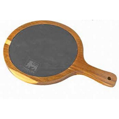 Small Flair Round Acacia Wood & Slate Serving Board w/Handle