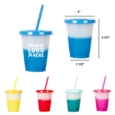 16oz Reusable Plastic Color Changing Cup With Lid & Straw